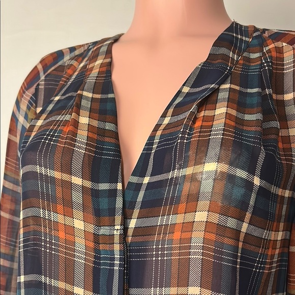 Anthropologie Maeve Semi  Sheer Plaid Button Down Blouse Long Sleeved Sz S - Picture 5 of 15